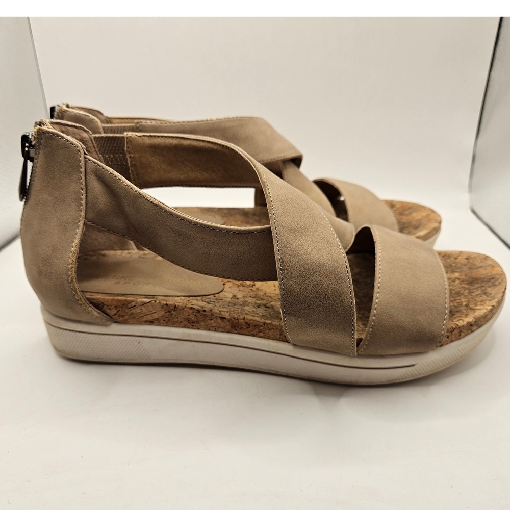 Adrienne Vittadini‎ Sz 7.5 Beige Leather Cork Wedge Zipper Strappy Sandals #393